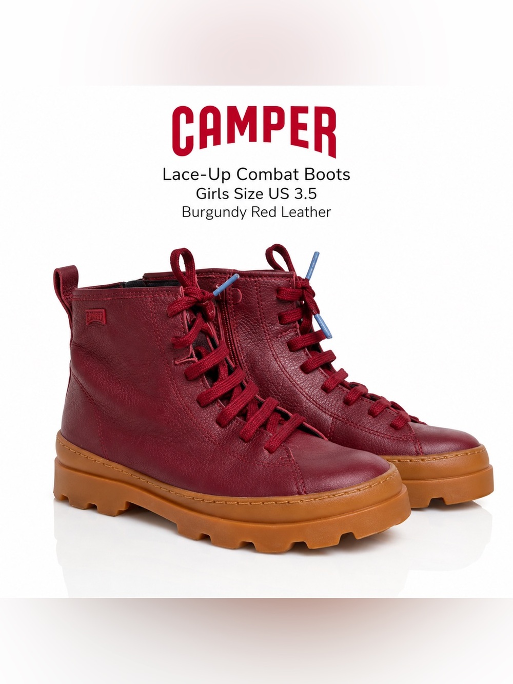 Camper Burgundy red Leather Lace-Up Combat girls  Boots | Size 34 (US 3.5)